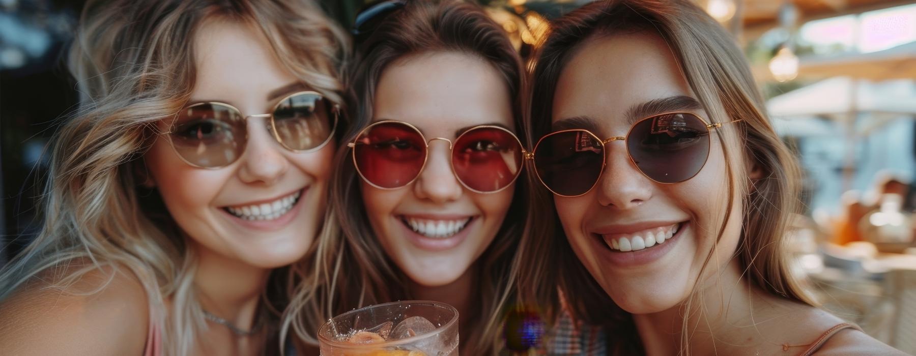 a group of women smiling and holding a drink